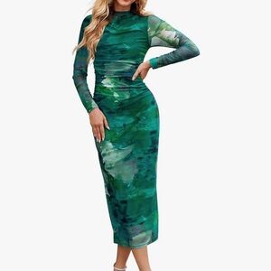 MEROKEETY Women's 2024 Long Sleeve Tie Dye Dress Bodycon Mock Neck Mesh Ruched